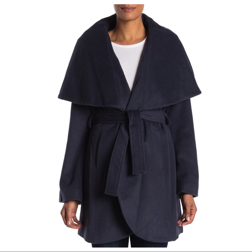 New Tahari Blue Oversized Drape Collar Tie Coat